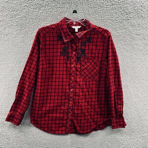 Womens Flannel Shirt L Red Black‎ Plaid Embroidered Floral Cotton Casual Cozy